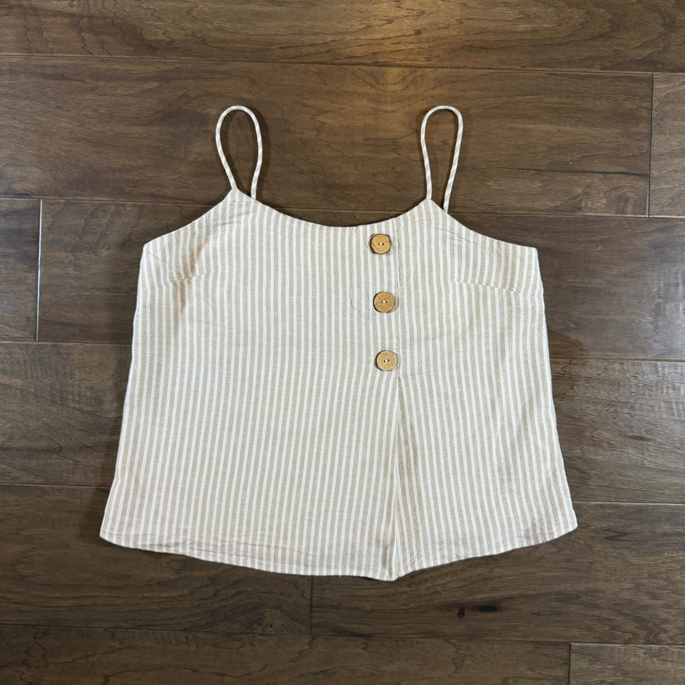Topshop Womens Beige White Striped Linen Blend Button Front Cami Tank‎ Top US 6